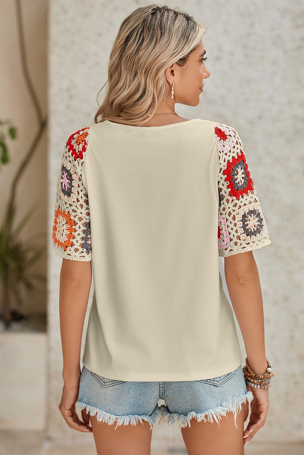 Black Floral Hollowed Crochet Sleeve Boho T Shirt