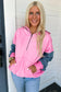 Pink & Checkered Patchwork Pocket Half Zipper Hoodie