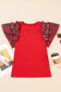 Red Pearl Plaid Ruffle Sleeve Loose T-Shirt