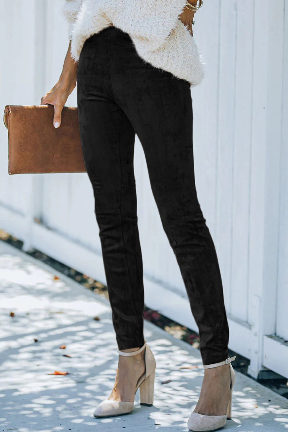 Khaki Mid Rise Faux Suede Skinny Leggings