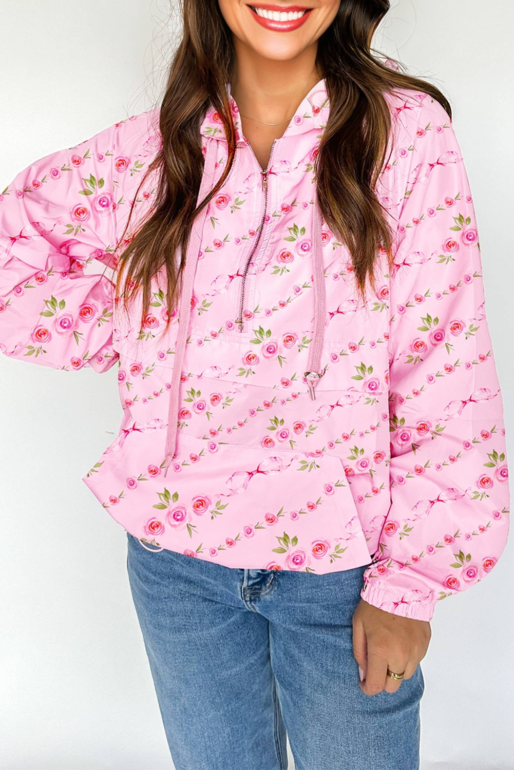 Pink Floral Print Half Zip Drawstring Hoodie