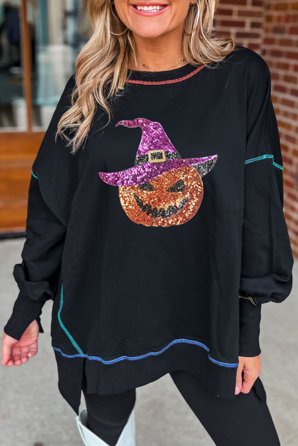 Black Glittering Pumpkin Wizard Graphic Exposed Seam Halloween Sweatshirt