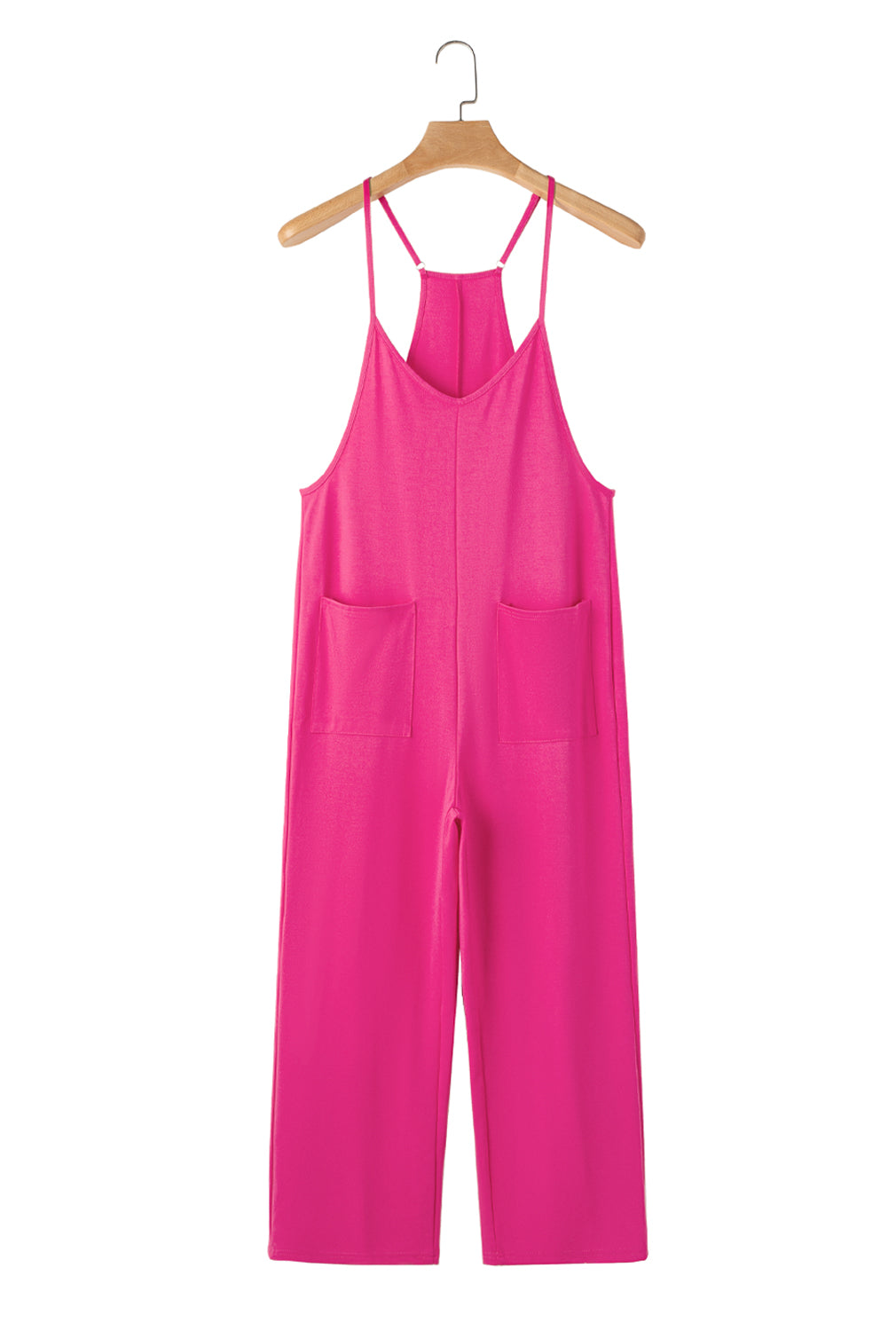 Rose Red Pocketed Adjustable Spaghetti Strap Straight Leg Jumpsuit