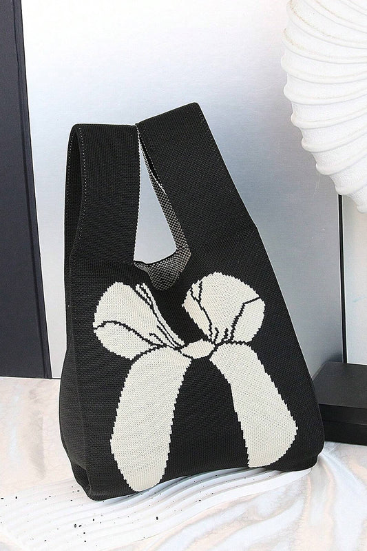 Black Colorblock Bowknot Pattern Knitted Tote Bag