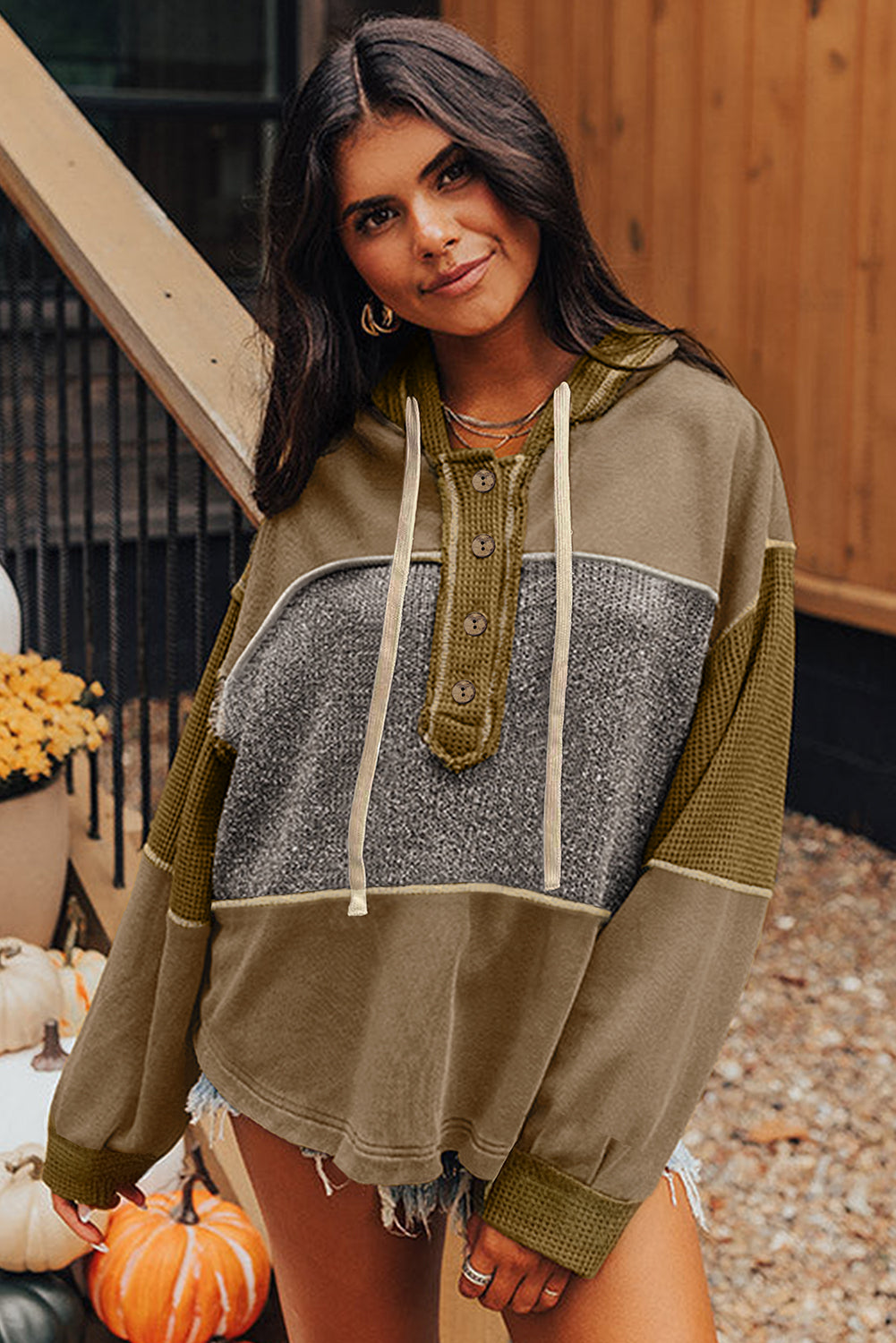 Green Mixed Texture Patchwork Exposed Seam Half Button Pullover Hooded Sweatshirt