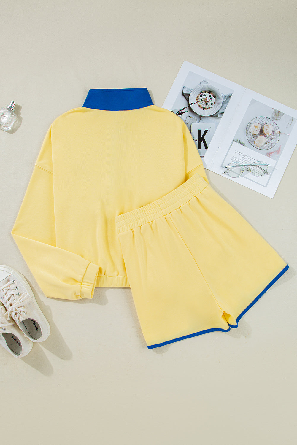 Yellow Color Block Patchwork Half Button Pullover and Shorts Two Piece Outfit