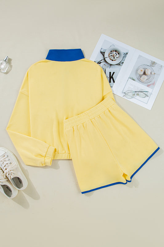 Yellow Color Block Patchwork Half Button Pullover and Shorts Two Piece Outfit
