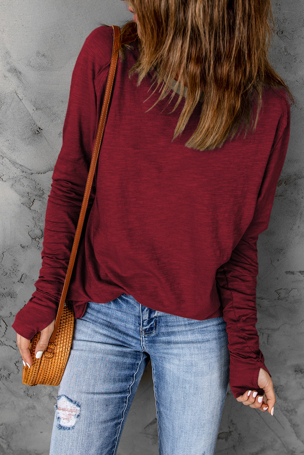 Green Plain Solid Casual Thumbhole Long Sleeve Top