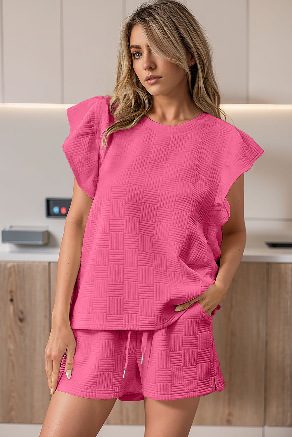Pink Textured Ruffled Sleeve Tee and Drawstring Elastic Waistband Shorts Set