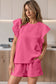 Pink Textured Ruffled Sleeve Tee and Drawstring Elastic Waistband Shorts Set