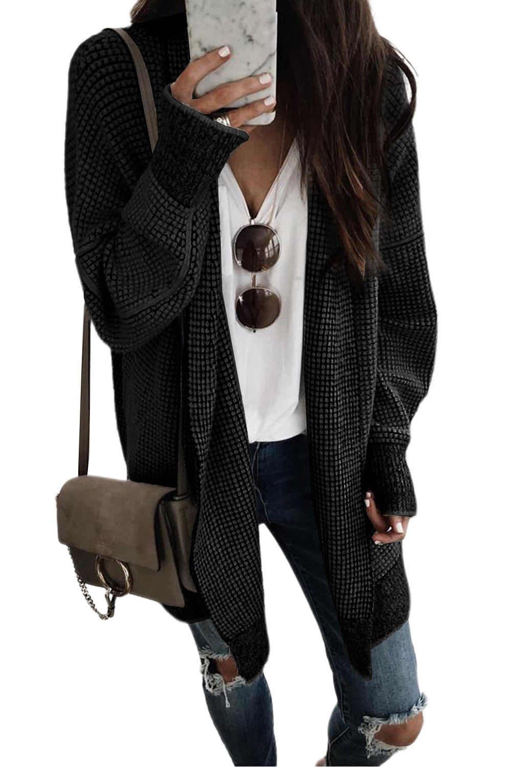 Rose Plaid Contrast Trim Casual Knit Long Cardigan