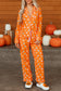 Orange Halloween Print Lapel Shirt and Pants Pajama Set