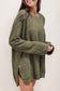 Green Waffle Knit Drop Sleeve High Slits Oversized Top