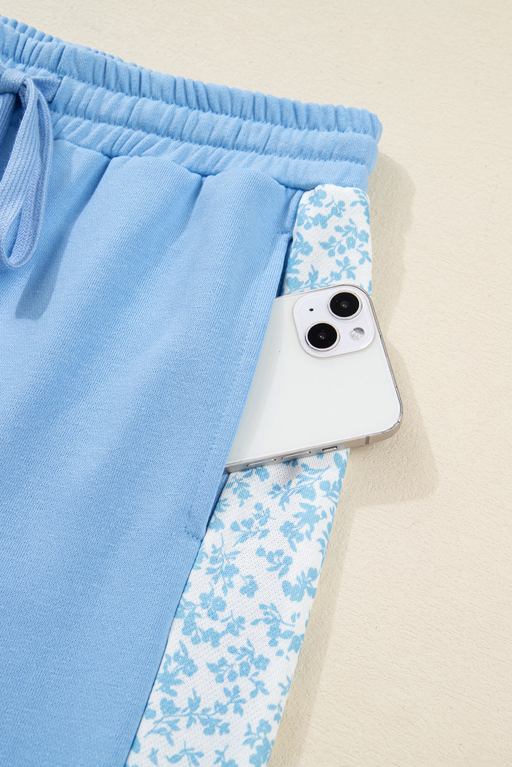 Blue Floral Patchwork Drop Shoulder Pullover and Sweatpants Lounge Set