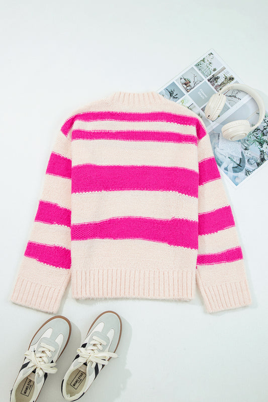 Rose Striped I Know What I Want Sequin Letter Graphic Colorblock Loose Sweater
