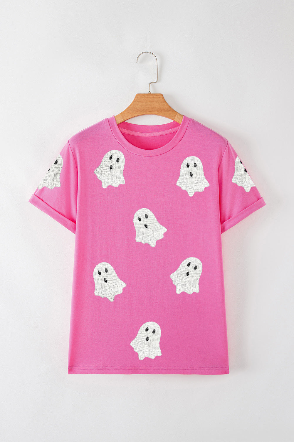 Pink Sequin Halloween Ghost Patched Casual T-Shirt