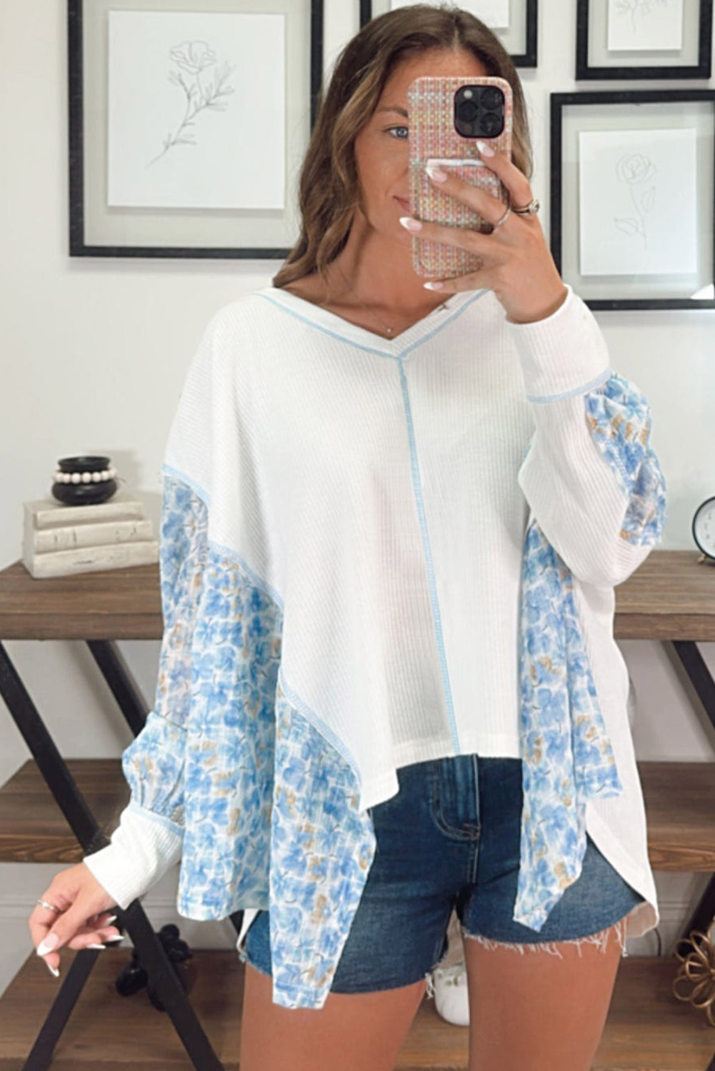 White Abstract Patchwork Waffle V Neck Dolman Top