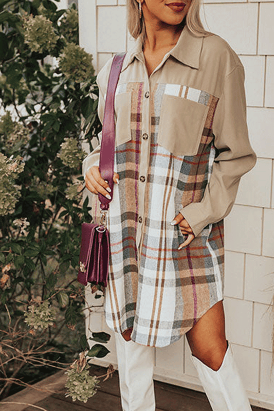 Khaki Plaid Patchwork Long Sleeve Jacket