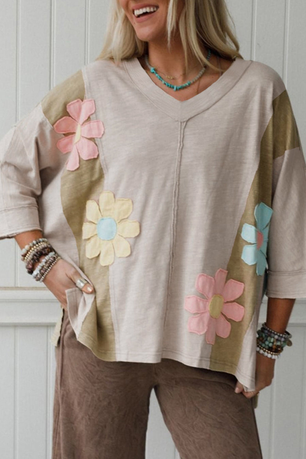 Flower Patched Exposed Seam 3/4 Sleeve Top