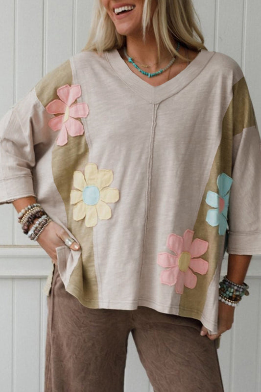 Flower Patched Exposed Seam 3/4 Sleeve Top
