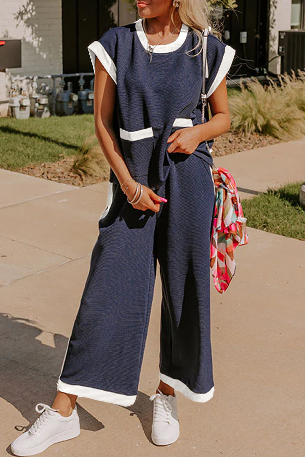 Navy Blue Color Block Pocketed T-Shirt and Wide Leg Pants Set