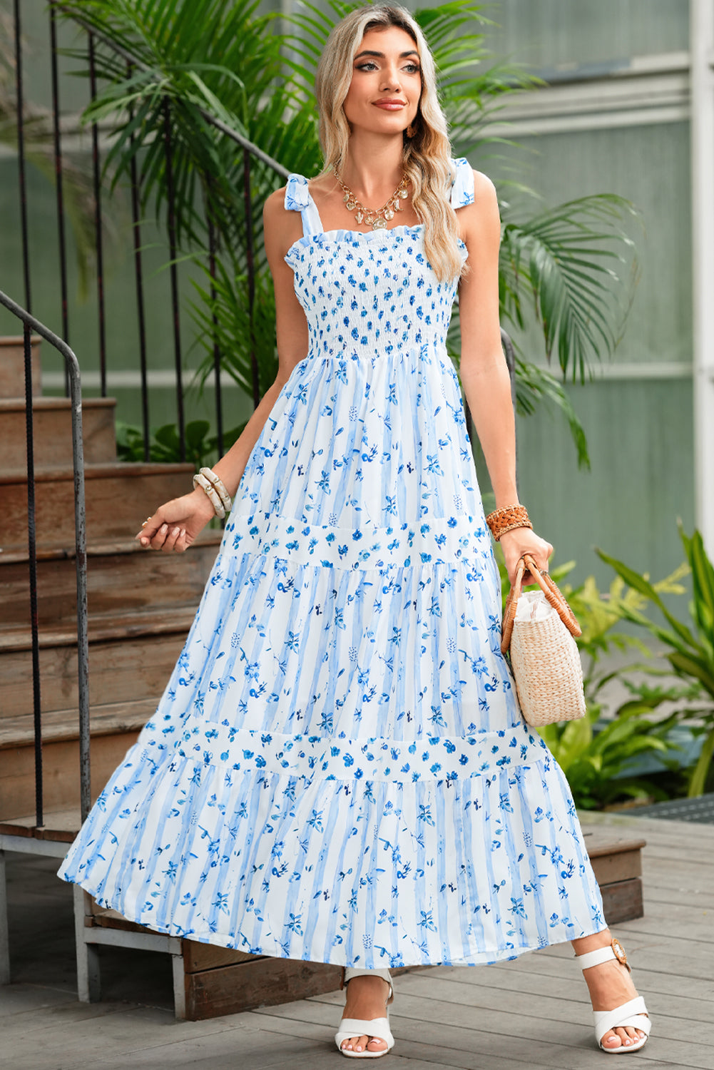 Boho Blue Floral Smocked Tie-Strap Maxi Dress