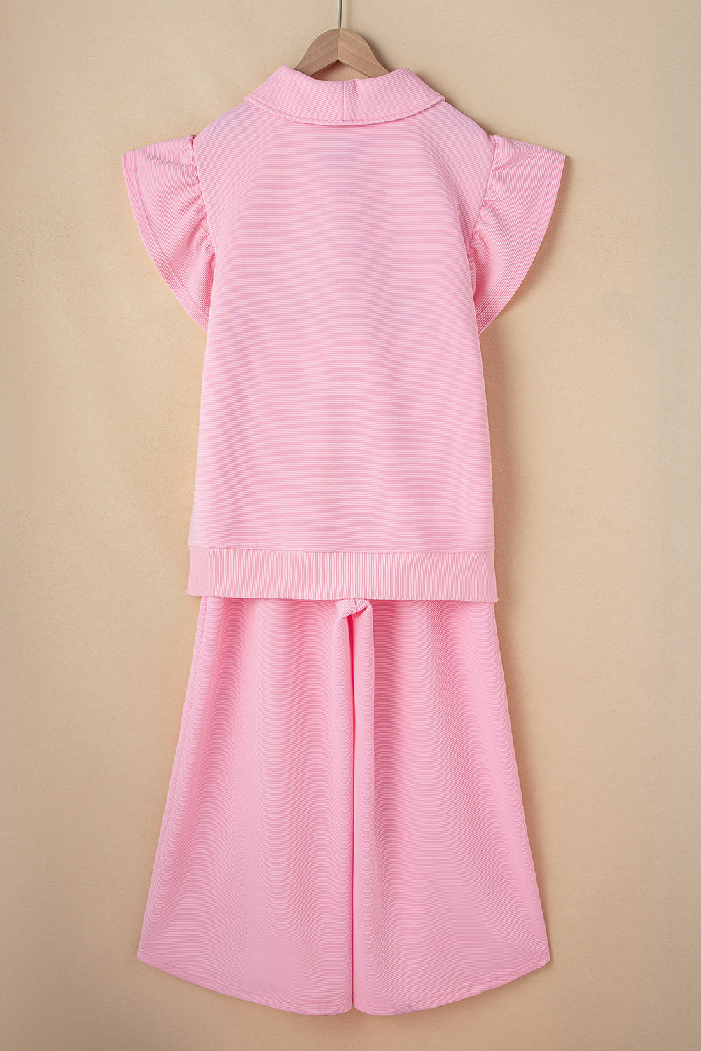 Textured Ruffle Sleeve Zip Top & Wide-Leg Pants Set