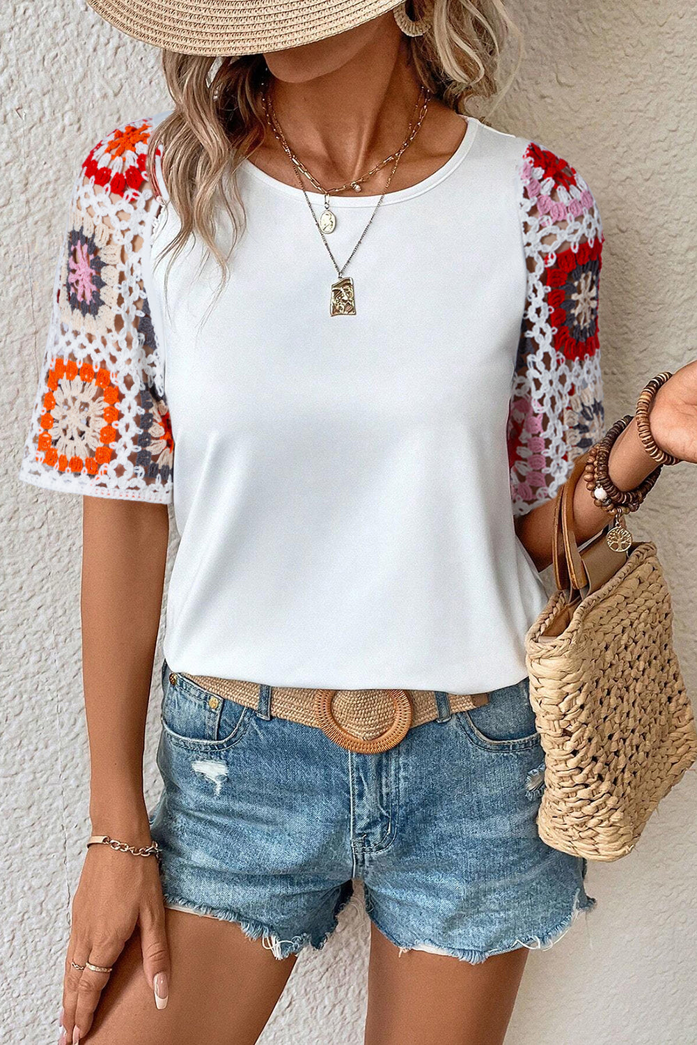 Black Floral Hollowed Crochet Sleeve Boho T Shirt