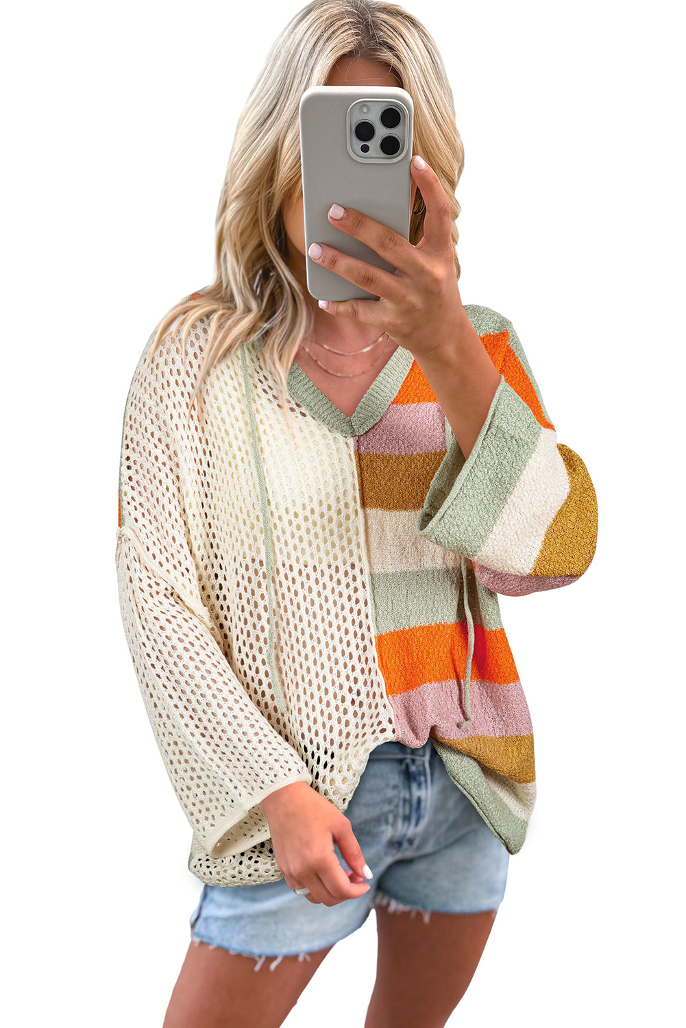 Pink Oversized Colorblock V Neck Hooded Sweater