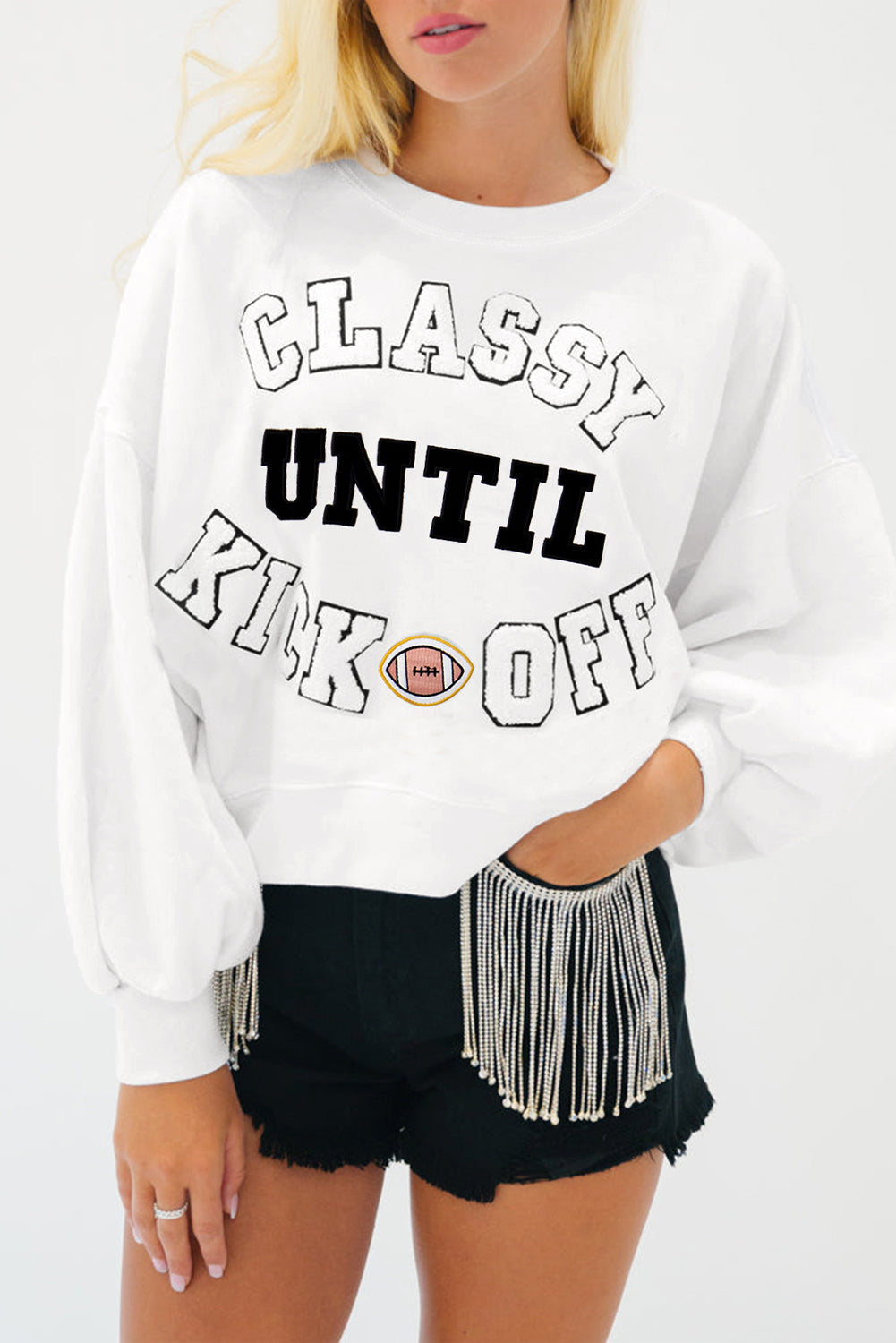 White Classy Until Kickoff Football Plush Letter Patched Loose Sweatshirt