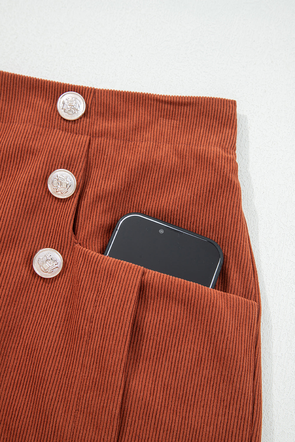 Clay Button Scalloped Edge High Waist Corduroy Shorts