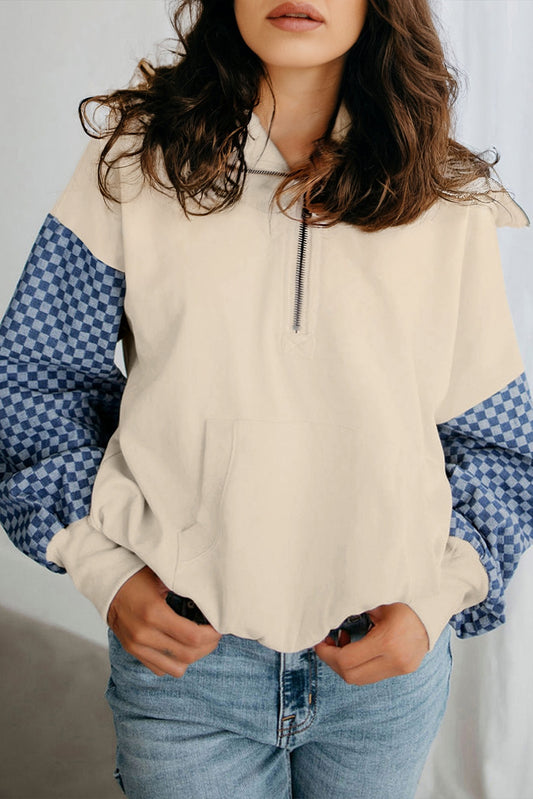 Checkered Patchwork Kangaroo Pocket Half Zipper Hoodie