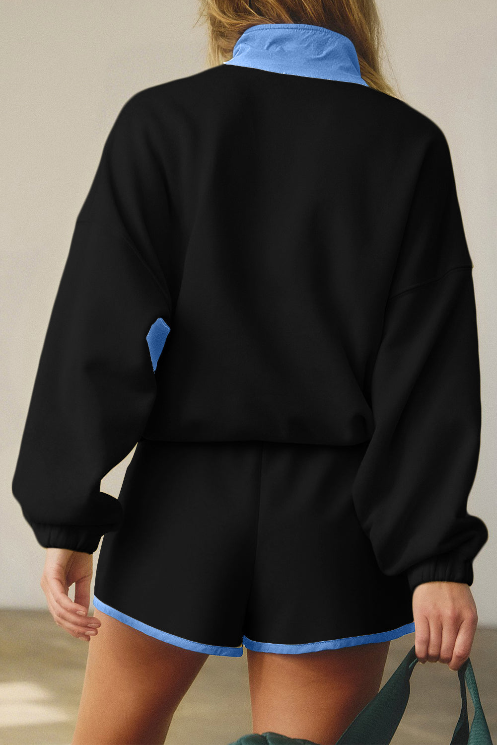 Black Colorblock Patchwork Half Button Pullover and Shorts Outfit