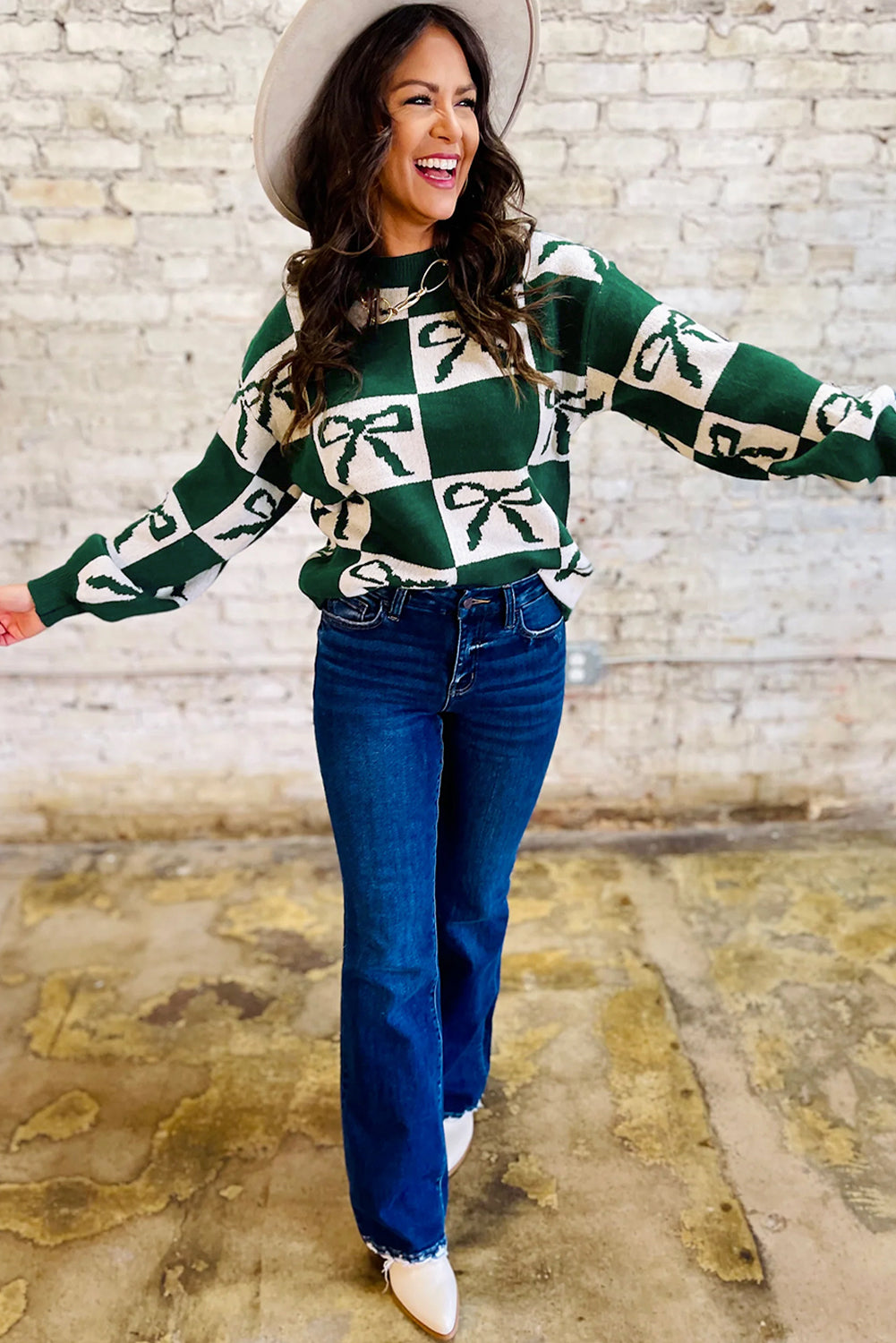 Green Bow Print Checkered Knit Sweater