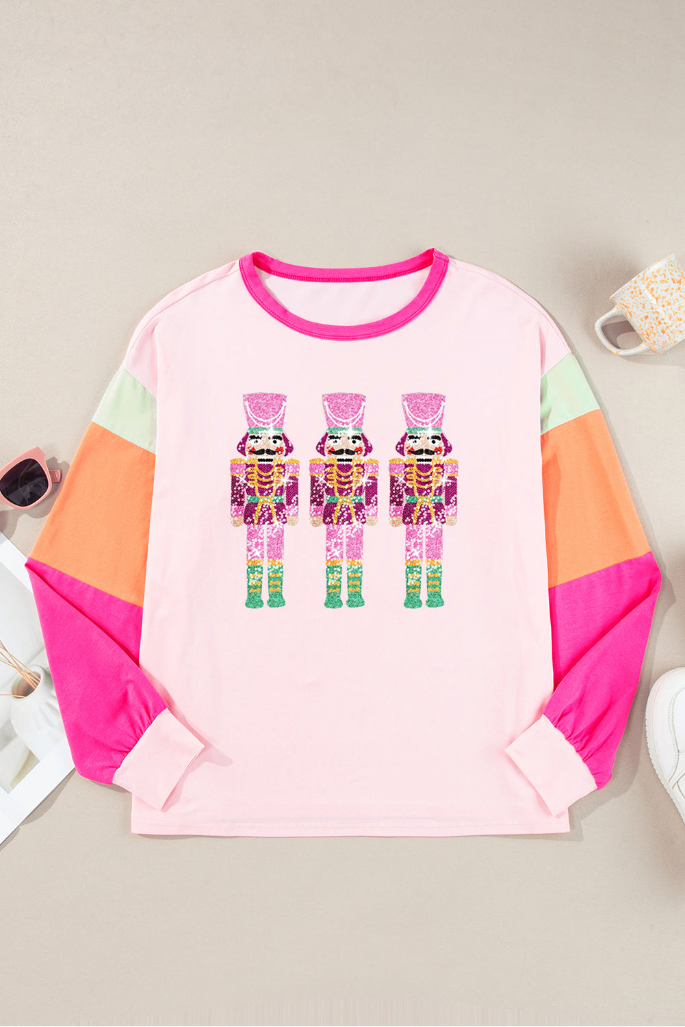 Pink Colorblock Nutcracker Print Graphic Sweatshirt