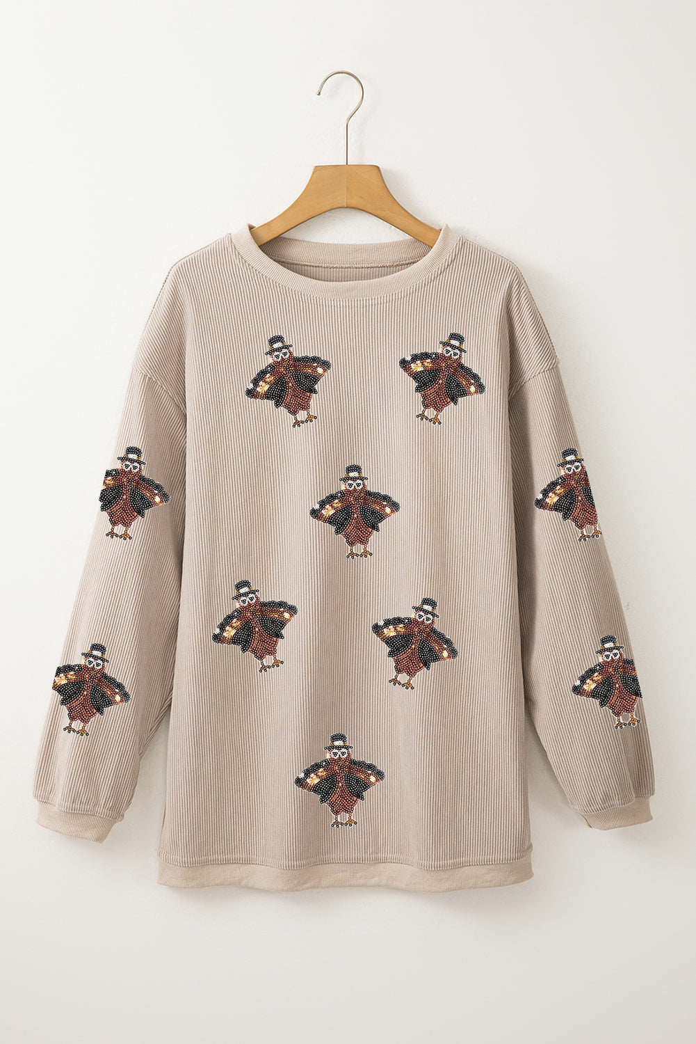 Twisted Ribbed Turkey Graphic Sequins Patch Thanksgiving Baggy Sweatshirt