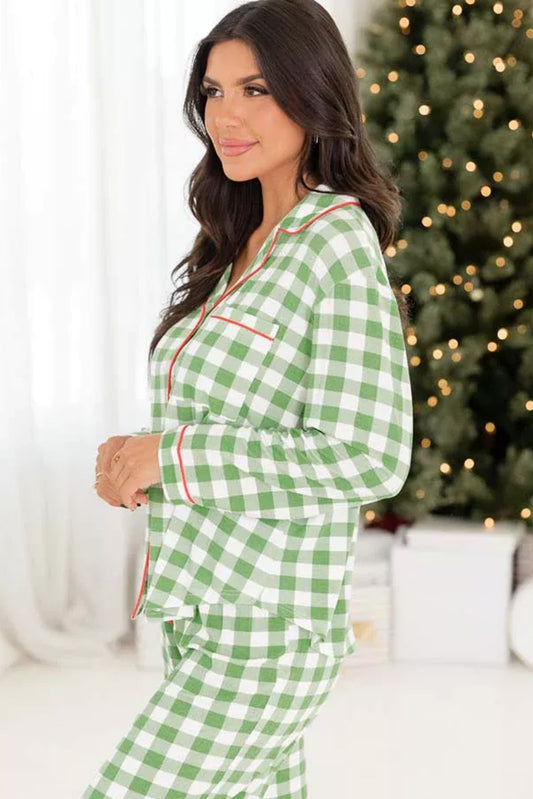 Green Christmas Plaid Print Shirt and Pants Pajama Set