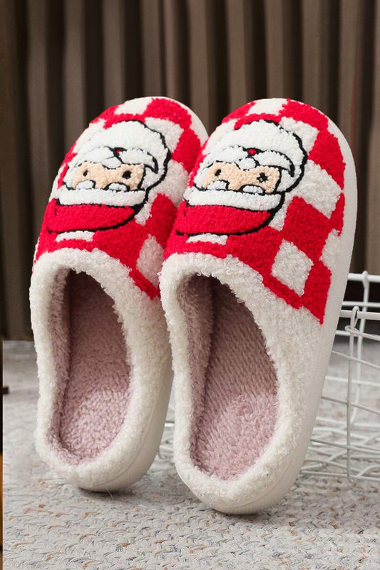 Red Checkered Santa Claus Graphic Plush Home Slippers