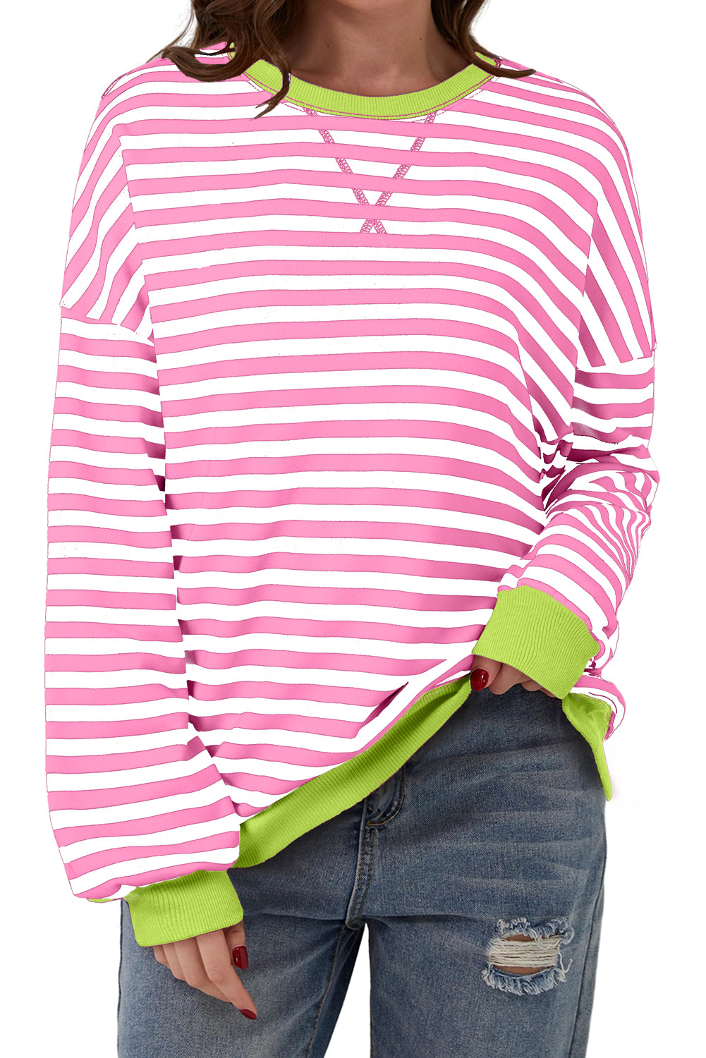 Striped Contrast Trim Drop Shoulder Sweatshirt
