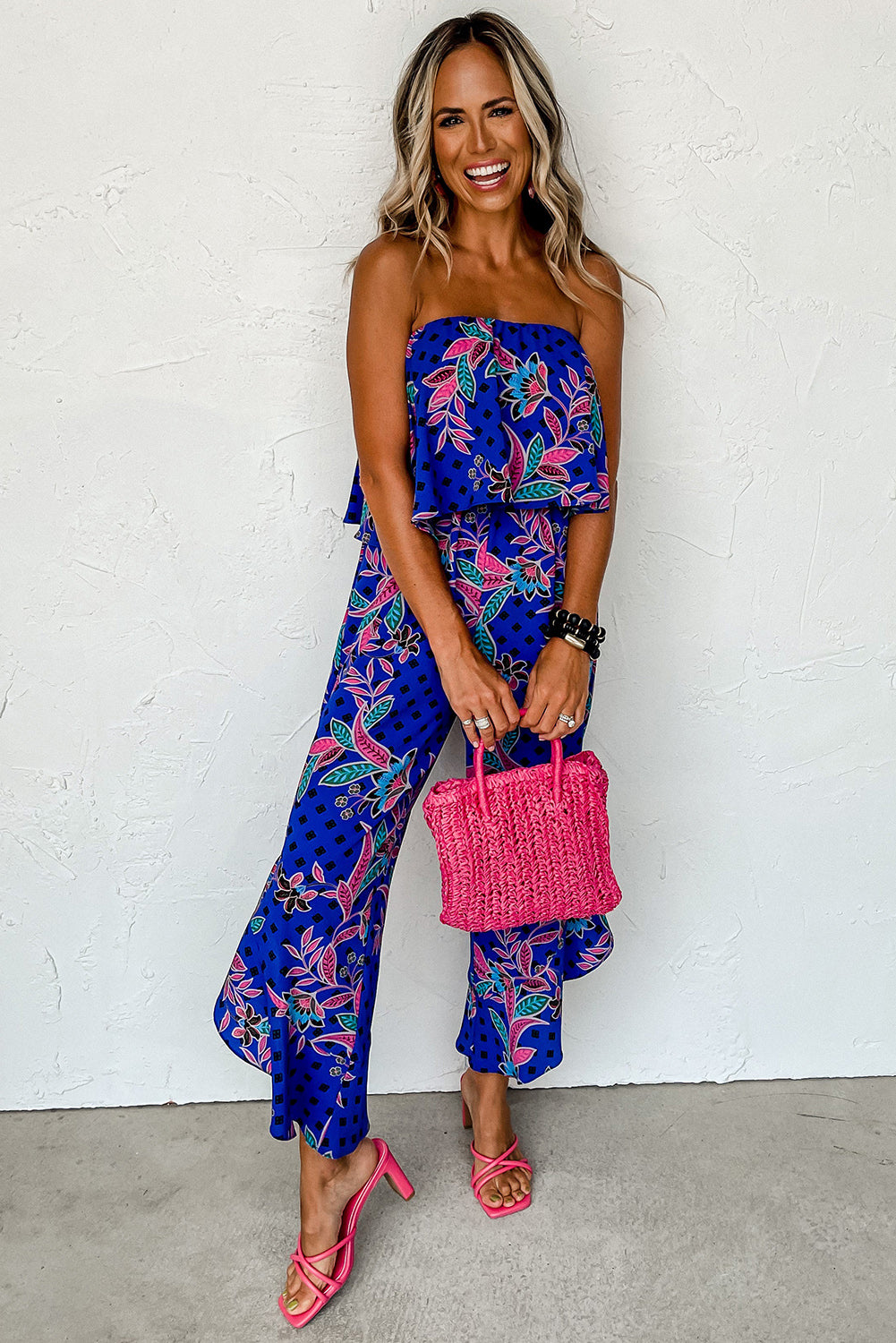 Green Mix Tropical Print Strapless Ruffle Jumpsuit