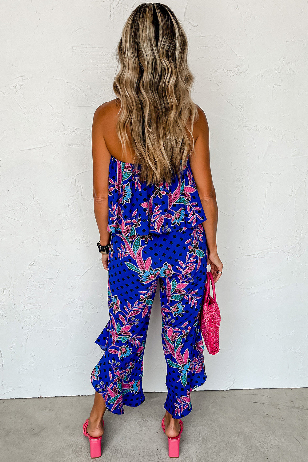 Green Mix Tropical Print Strapless Ruffle Jumpsuit