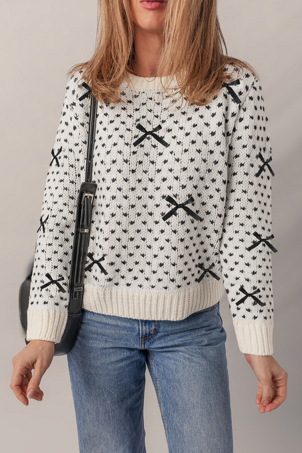 Bow Detail Ribbed Trim Crew Neck Sweater