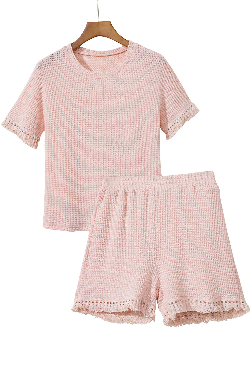 Pink Fringe Trim Waffle Knit Textured Shorts Set