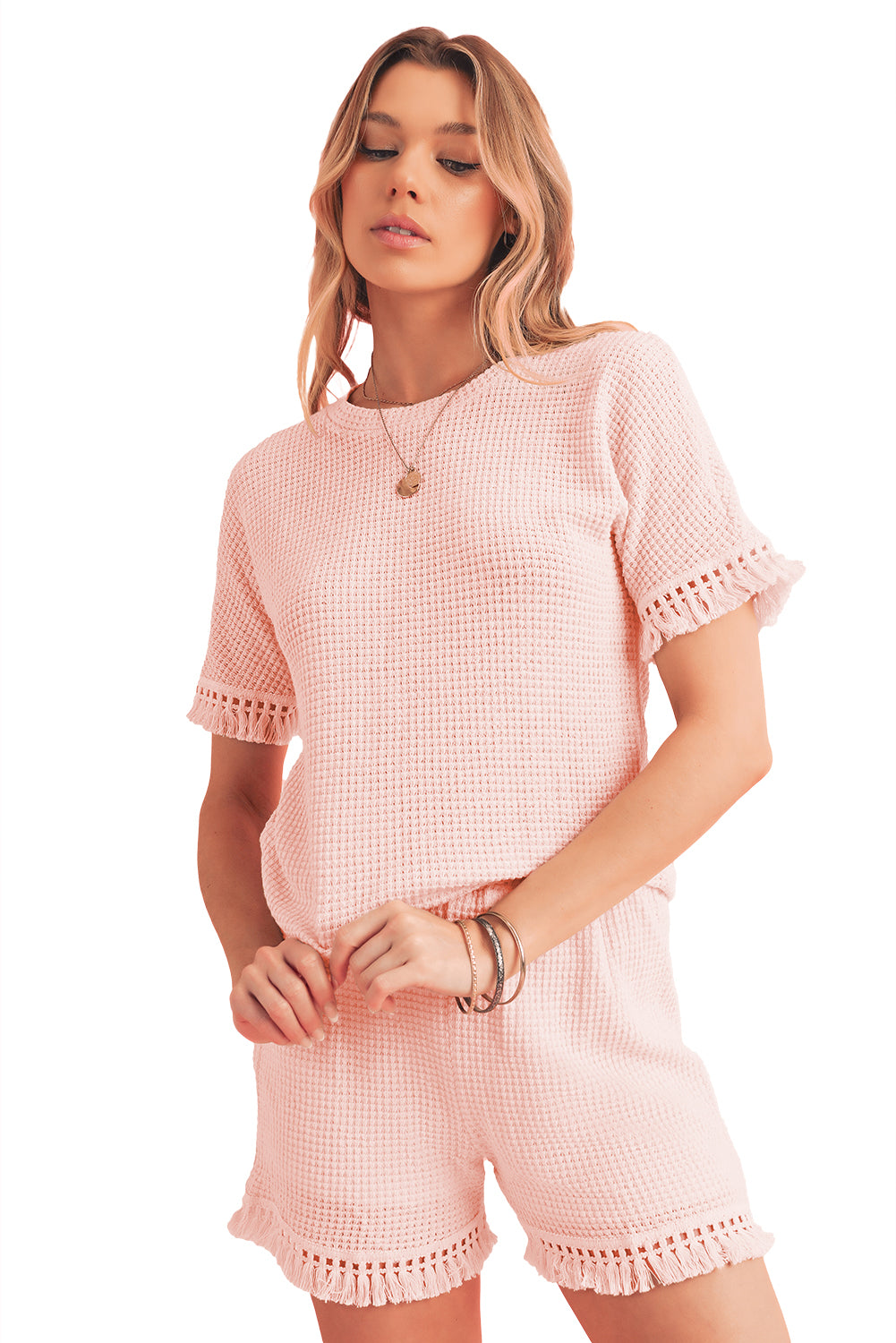 Pink Fringe Trim Waffle Knit Textured Shorts Set