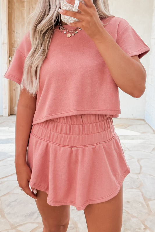 Two Piece Cropped Tee and Ruffle High Waist Skort Set