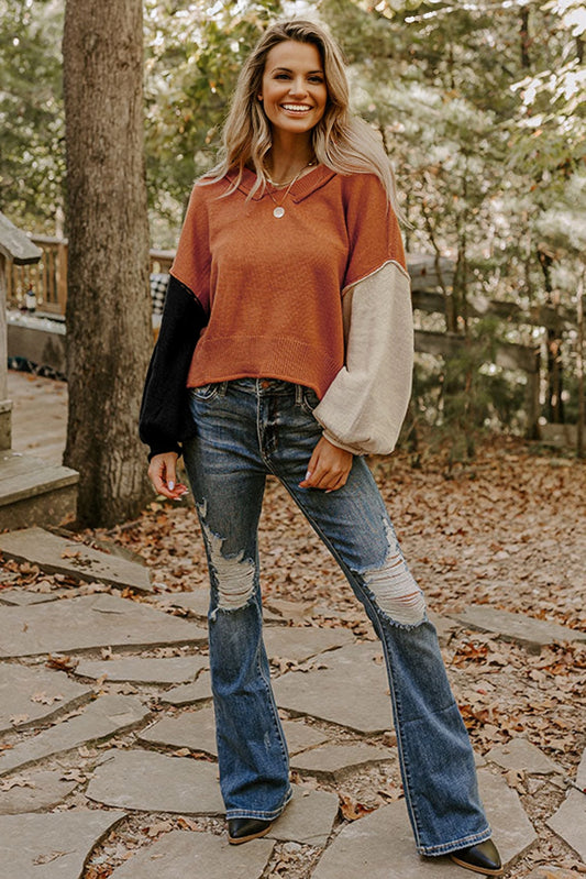 Desert Gold Colorblock Raw Edge Bubble Sleeve V-Neck Sweater