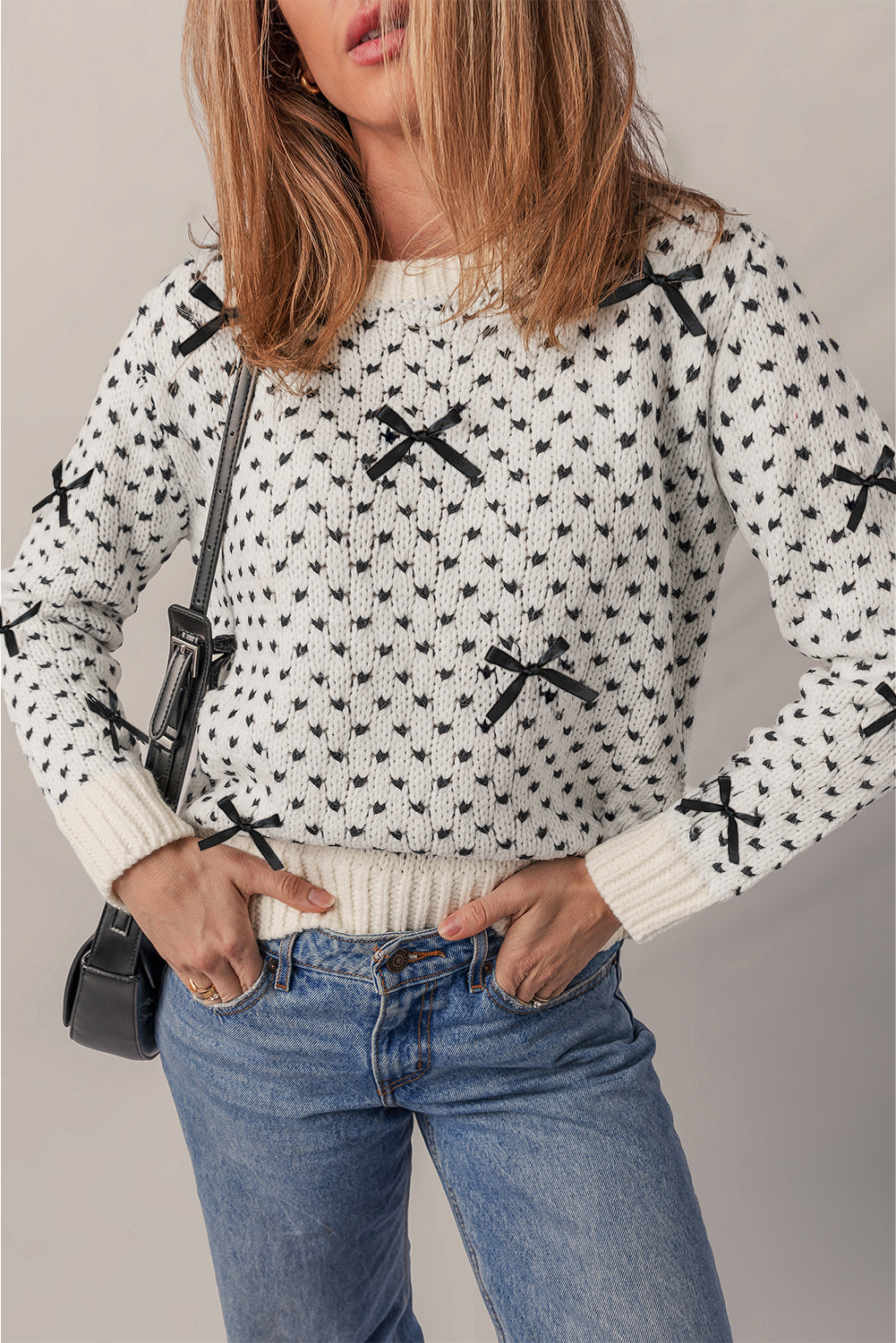 Bow Detail Ribbed Trim Crew Neck Sweater