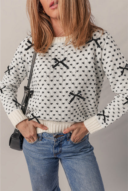 Bow Detail Ribbed Trim Crew Neck Sweater