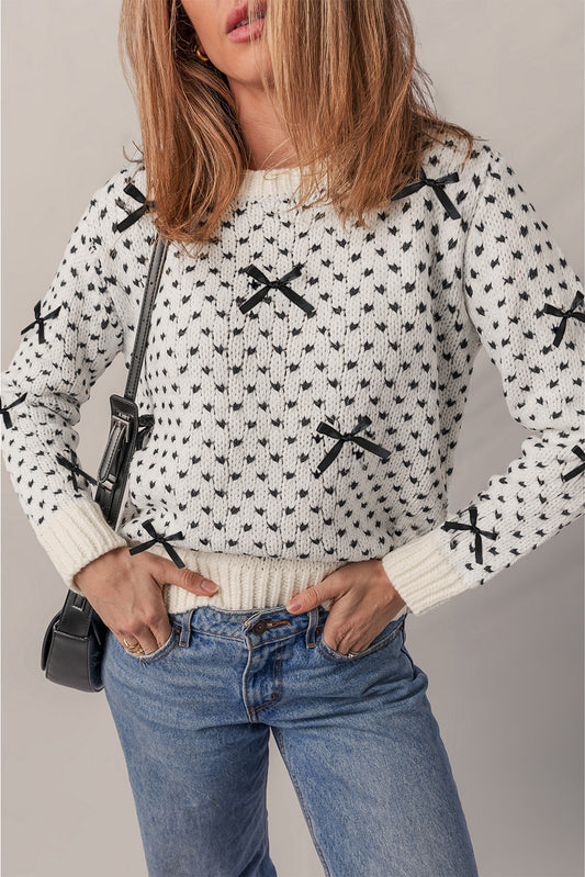 Bow Detail Ribbed Trim Crew Neck Sweater