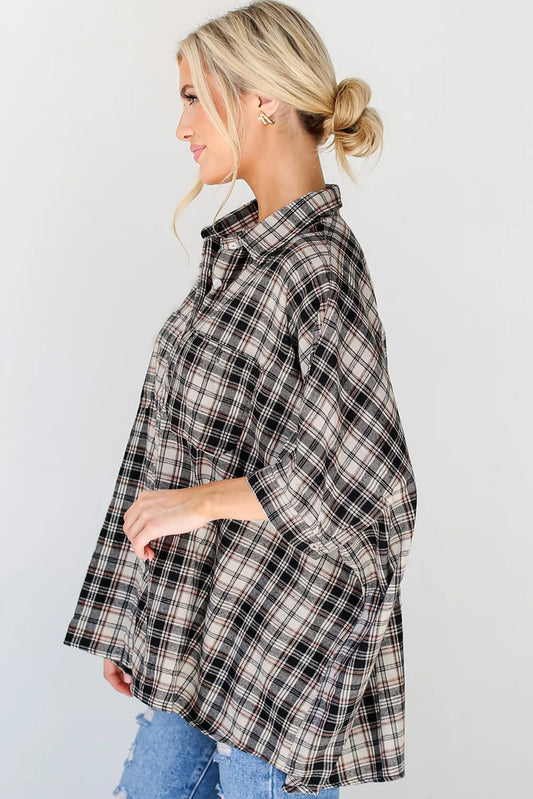 Black Plaid Batwing Sleeve Button Up Shirt